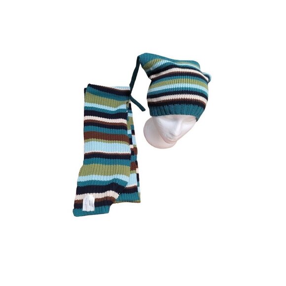 Charter Club Striped Knit Hat & Scarf Set Teal/Green/Brown One Size Acrylic/Cott - Picture 6 of 6